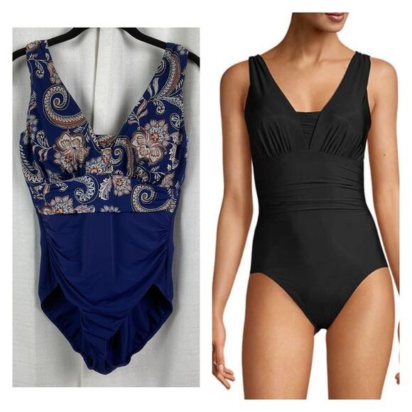 Lands End Blue Floral Slendersuit Grecian Tummy Control One Piece Swimsuit Sz.10 - Picture 1 of 16